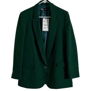 ZARA Women Green Textured Single Button Blazer Jacket  Linen Blend Size M